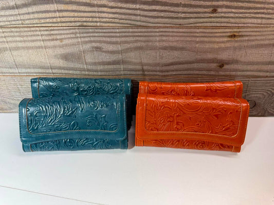 Western Floral Embossed Wallet | Teal or Burnt Orange Women’s Long Wallet
