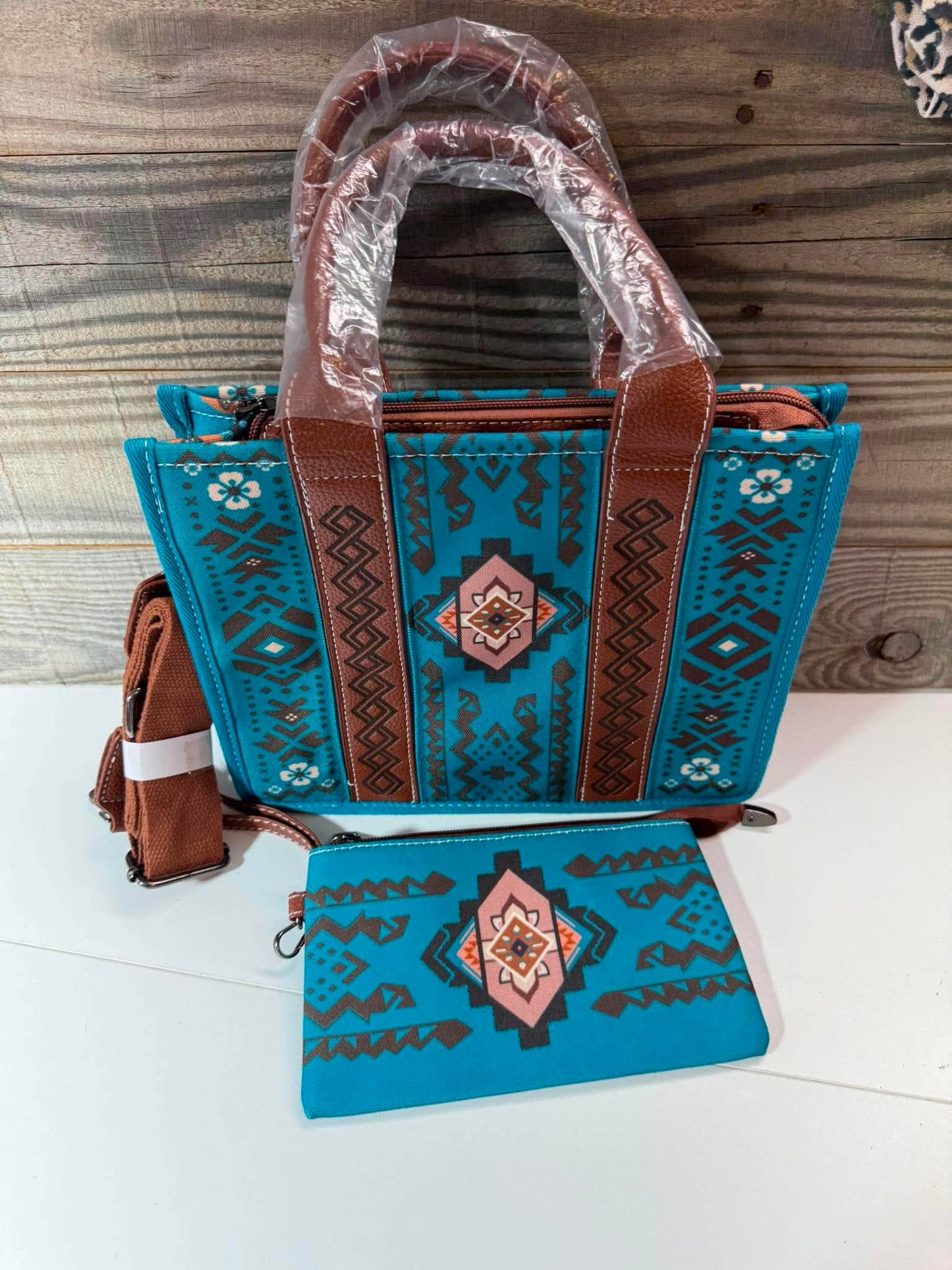 Turquoise Western Aztec Handbag & Matching Wristlet Set