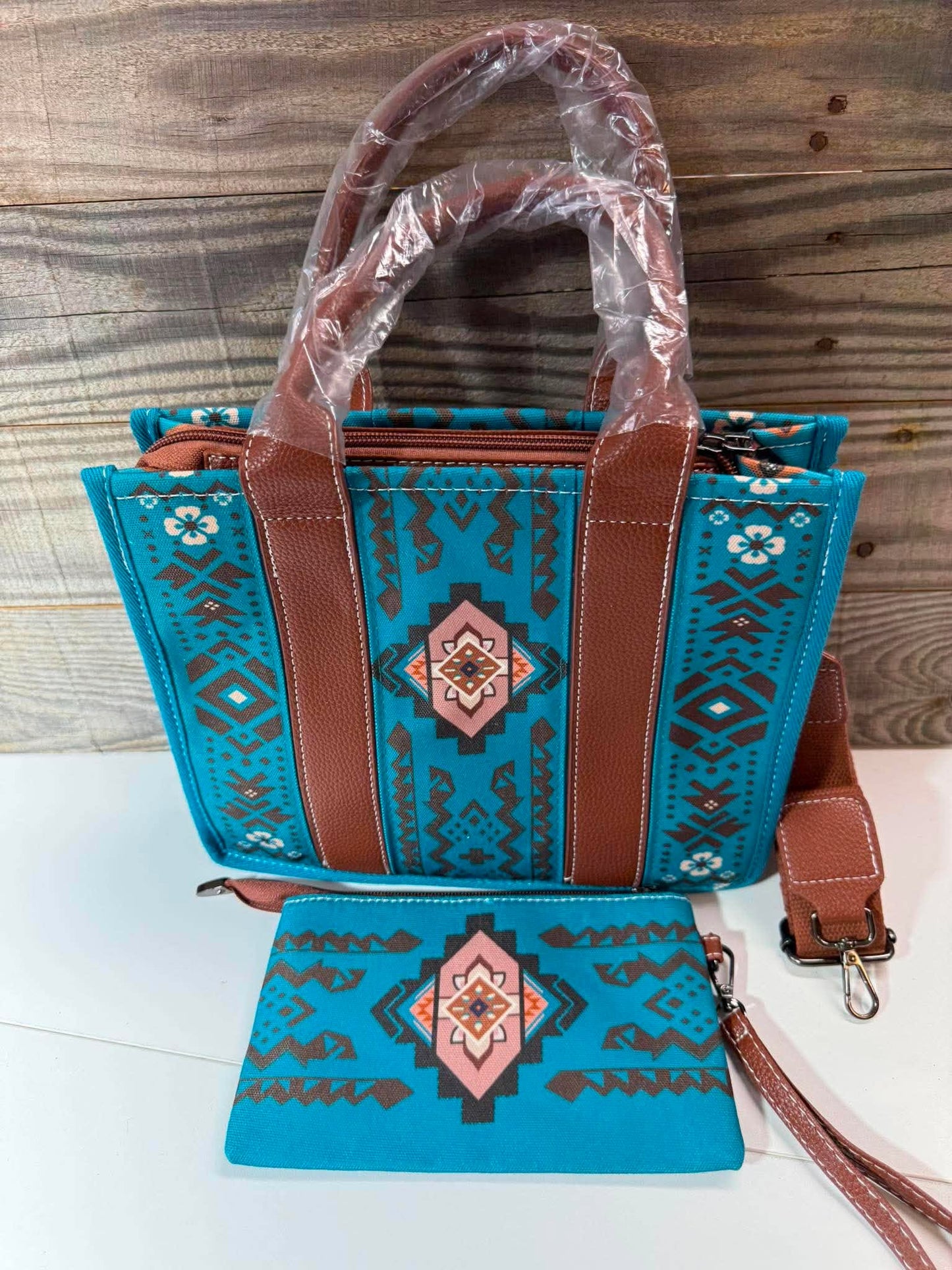 Turquoise Western Aztec Handbag & Matching Wristlet Set
