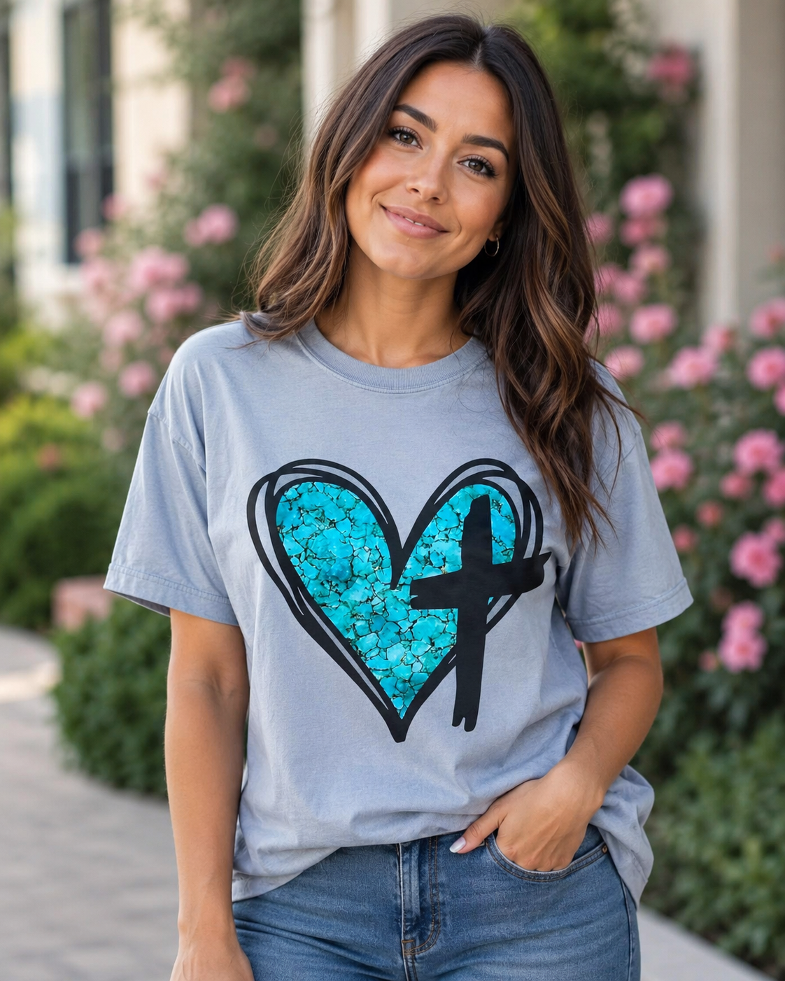 Turquoise Heart Cross, Western Christian