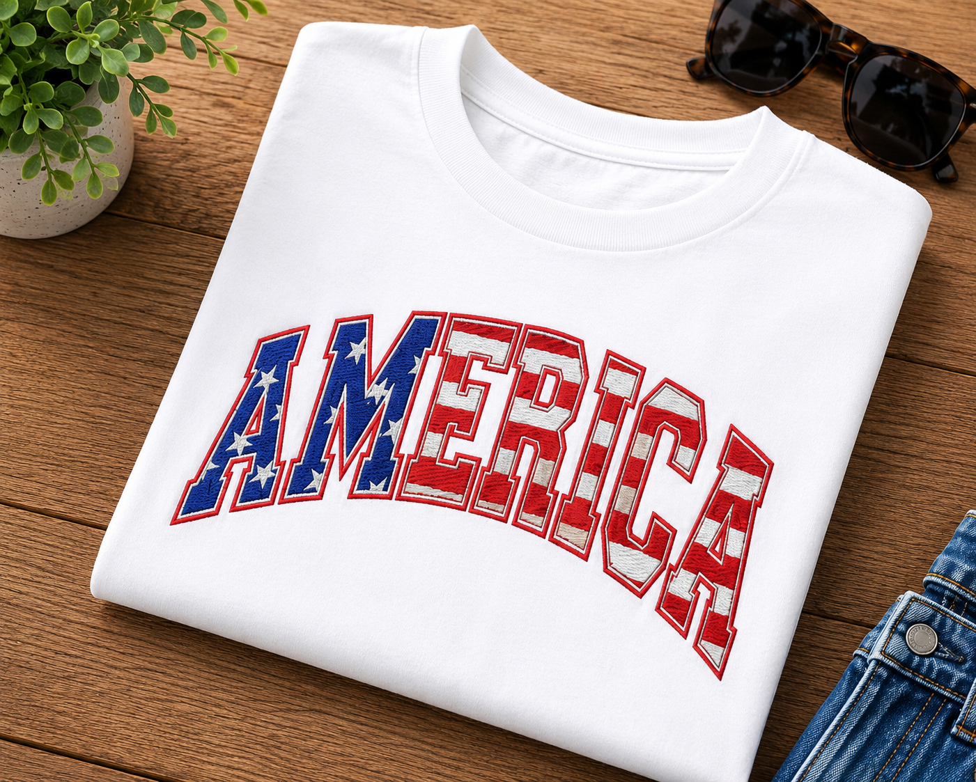 America Embroidered Patriotic T-Shirt