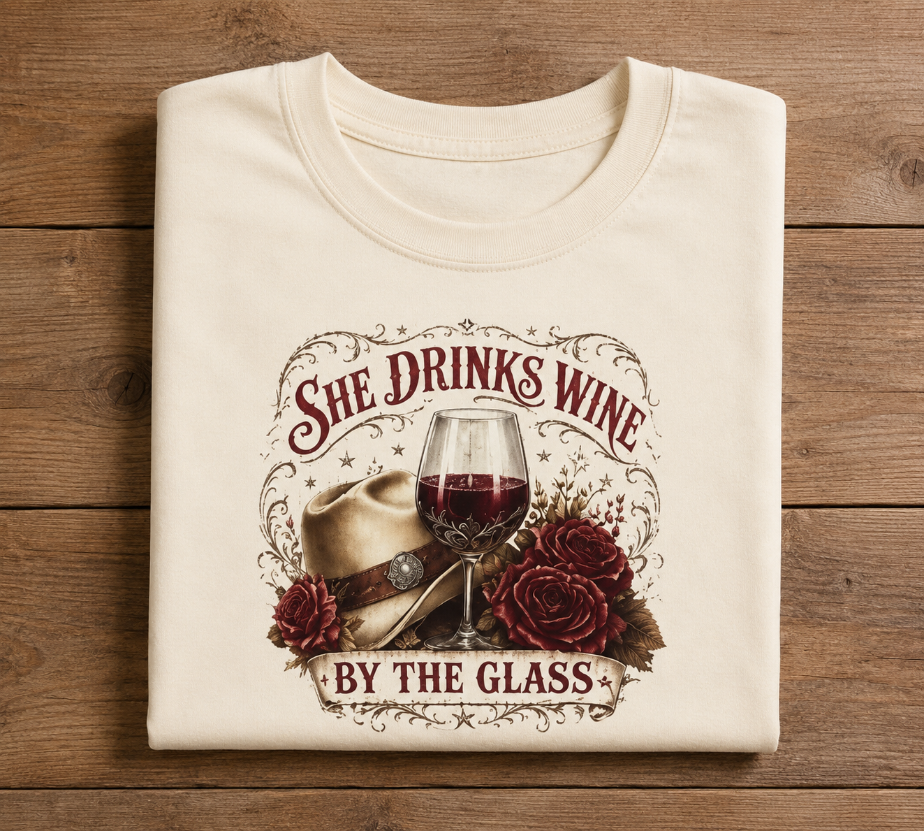 She Drinks Wine by the Glass Western Graphic T-Shirt