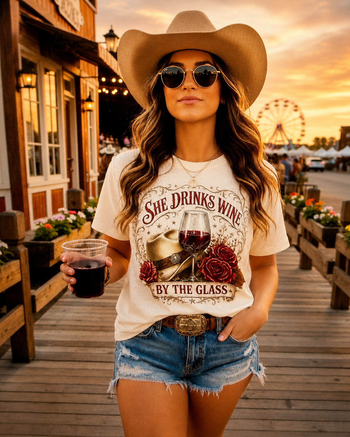 She Drinks Wine by the Glass Western Graphic T-Shirt